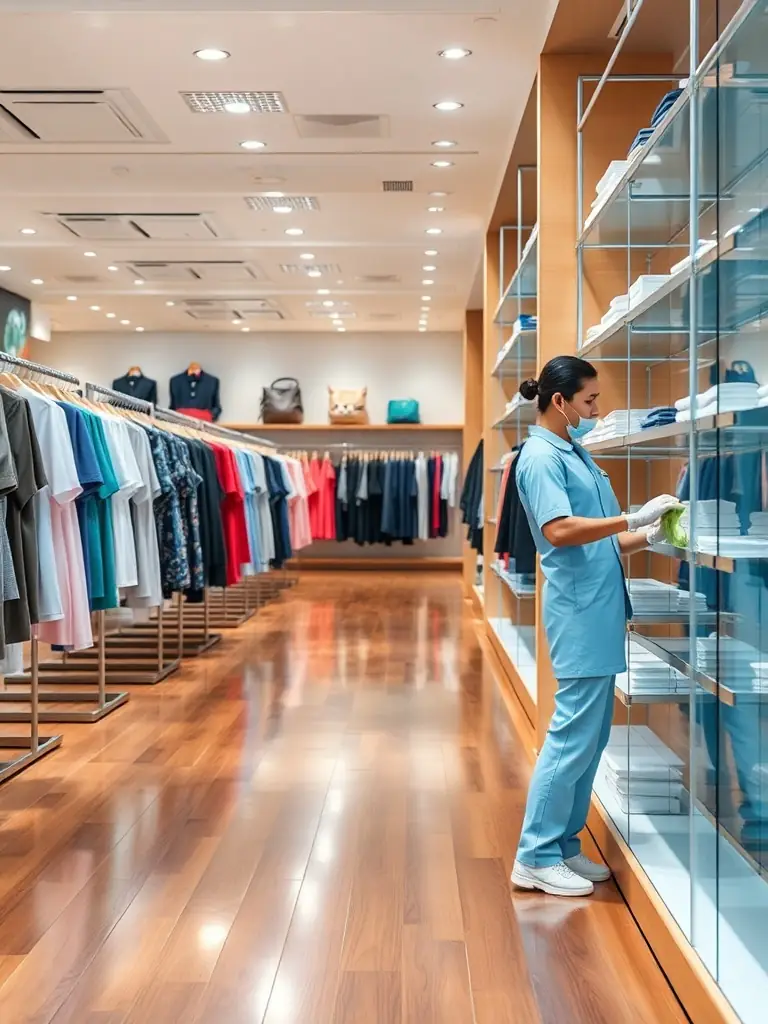A stylish retail store interior with polished floors, neatly arranged merchandise, and a cleaner wiping down display shelves, highlighting attention to detail and presentation. This image will illustrate retail cleaning services.