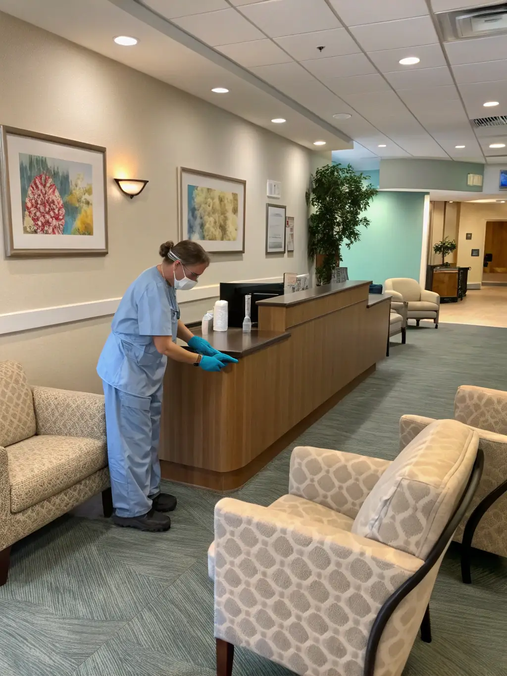 A healthcare clinic reception area with medical staff and patients, featuring a cleaner disinfecting surfaces and using hospital-grade cleaning products. The image will be used for healthcare cleaning services.
