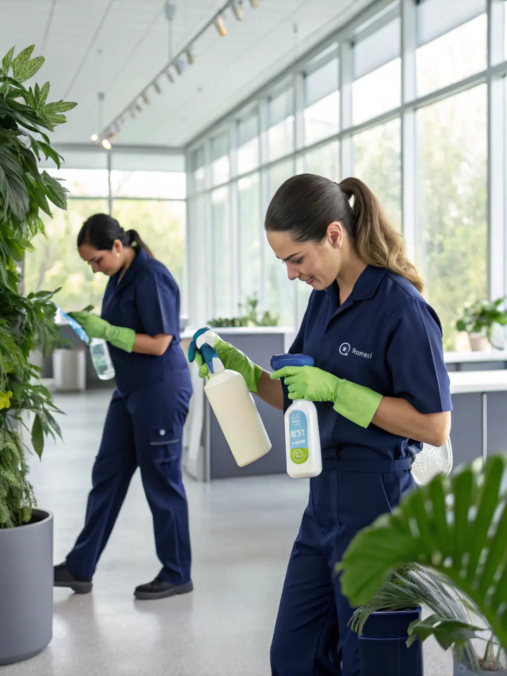 A modern, well-lit open-plan Auckland office space with desks, ergonomic chairs, and glass partitions, being professionally cleaned by uniformed staff using eco-friendly supplies. The image will be used to represent office cleaning services for businesses.