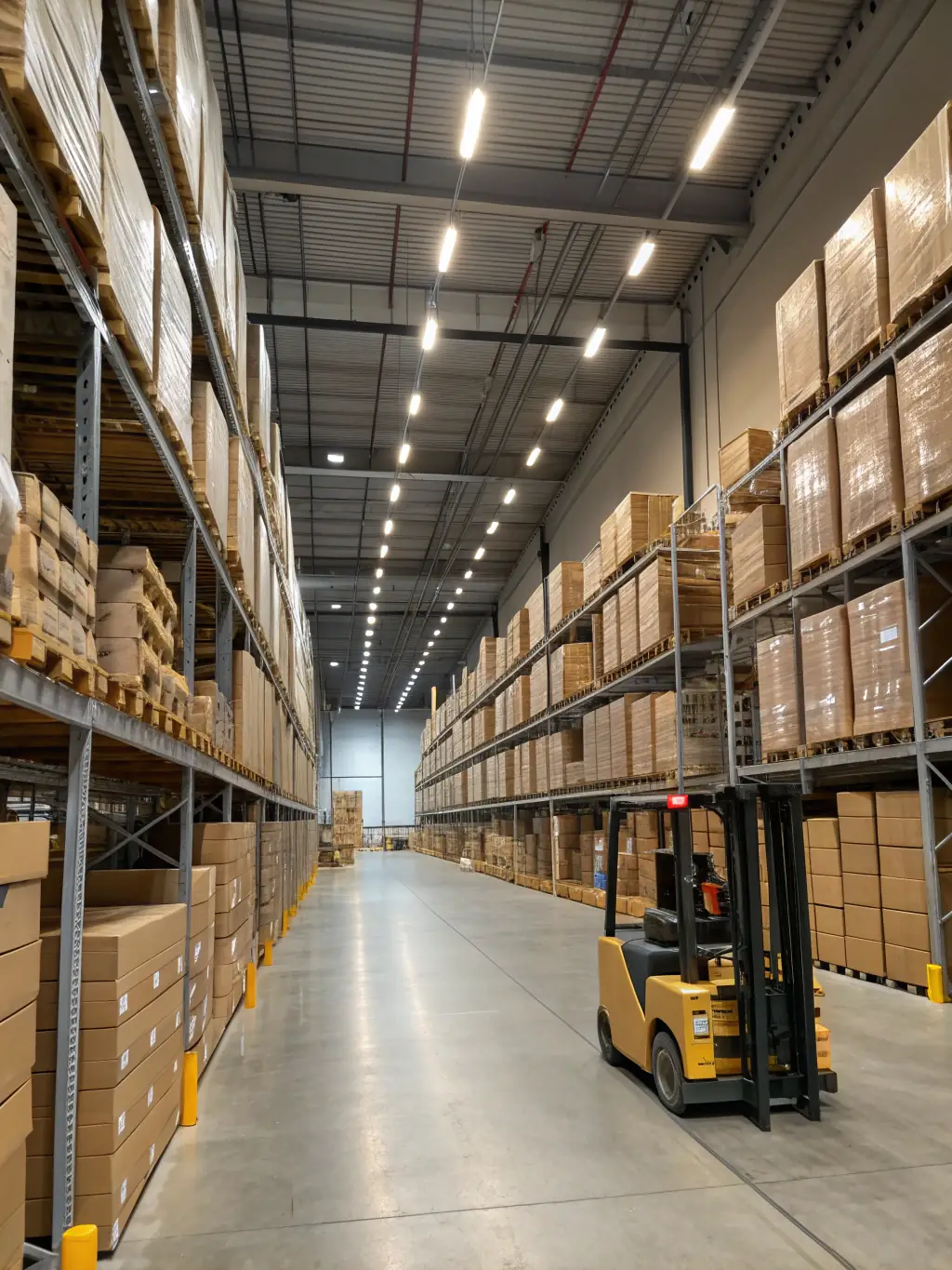 A spacious warehouse with organized shelves, clear walkways, and a cleaner operating a floor scrubber, illustrating industrial-grade cleaning in a logistics setting.