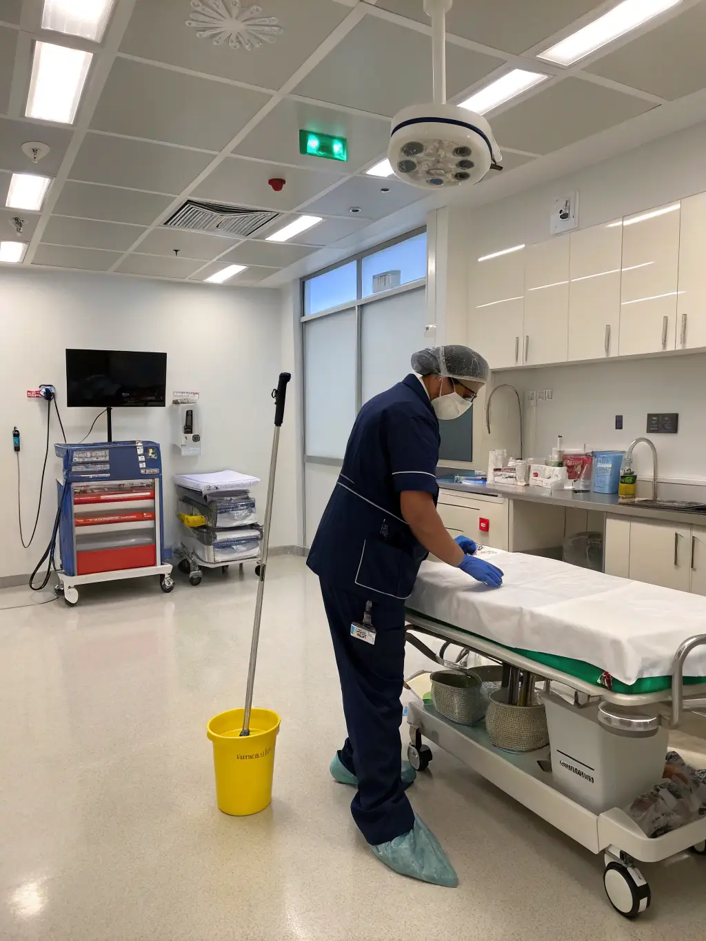 A healthcare clinic treatment room with a cleaner in PPE disinfecting an examination table, medical equipment visible, emphasizing strict adherence to health protocols.