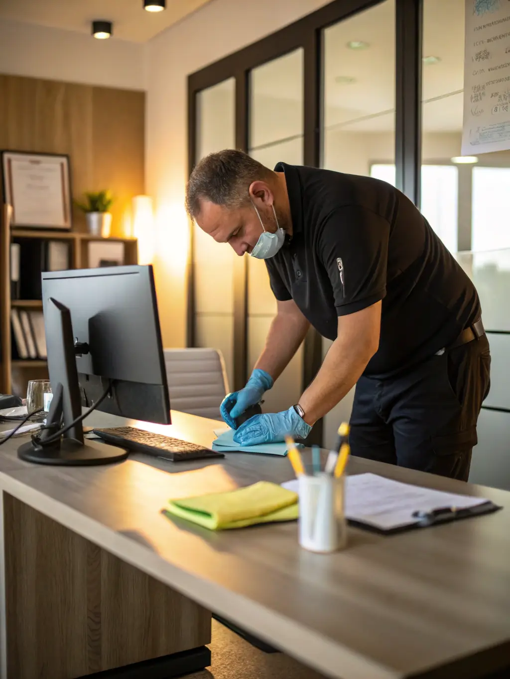 A professional cleaner in uniform wiping down a glass-walled meeting room in a modern Auckland office, with ergonomic chairs and digital screens visible, conveying a spotless and productive workspace.
