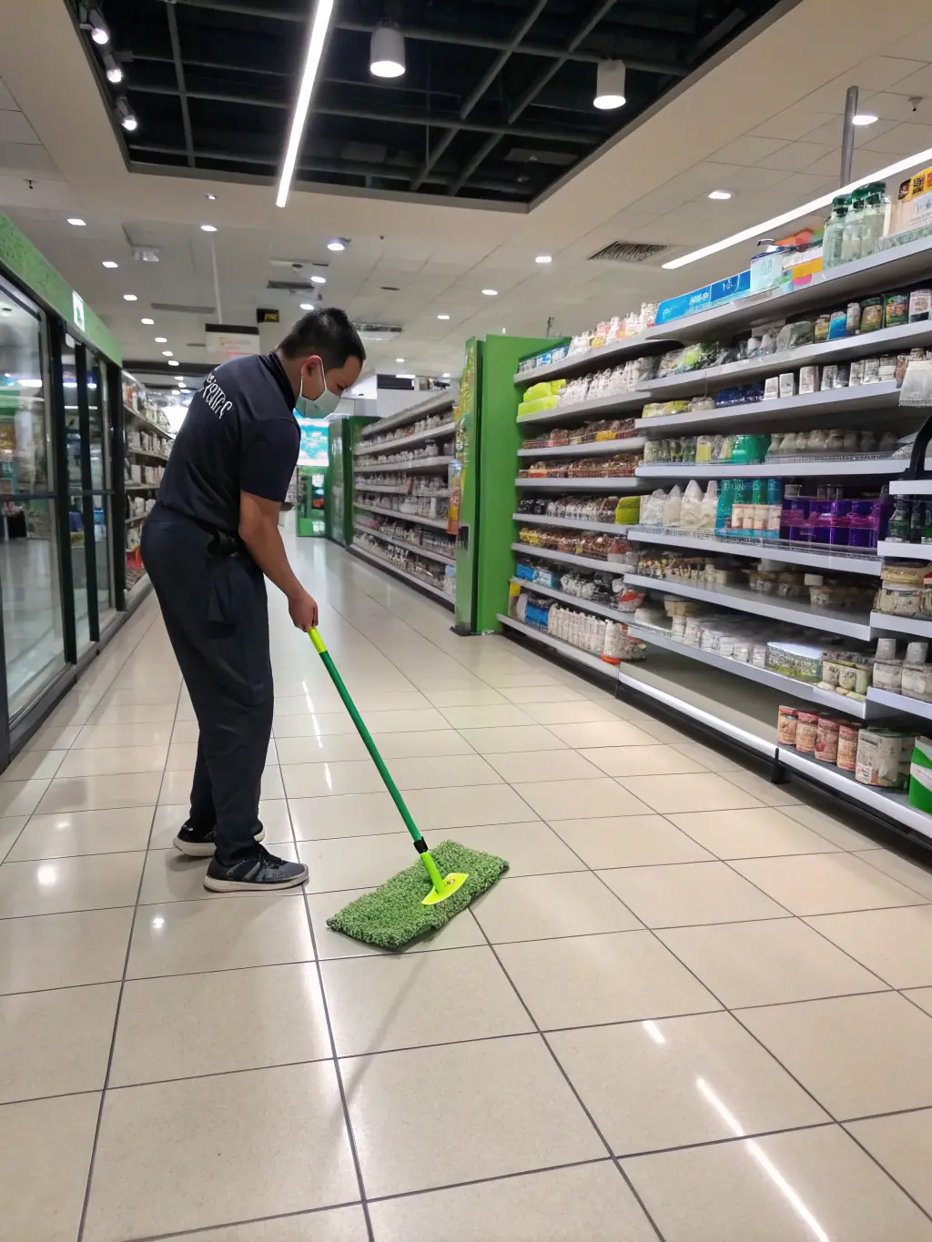 A retail store interior with polished floors, neatly arranged clothing racks, and a cleaner using a spray bottle to sanitize a checkout counter, highlighting attention to presentation and hygiene.