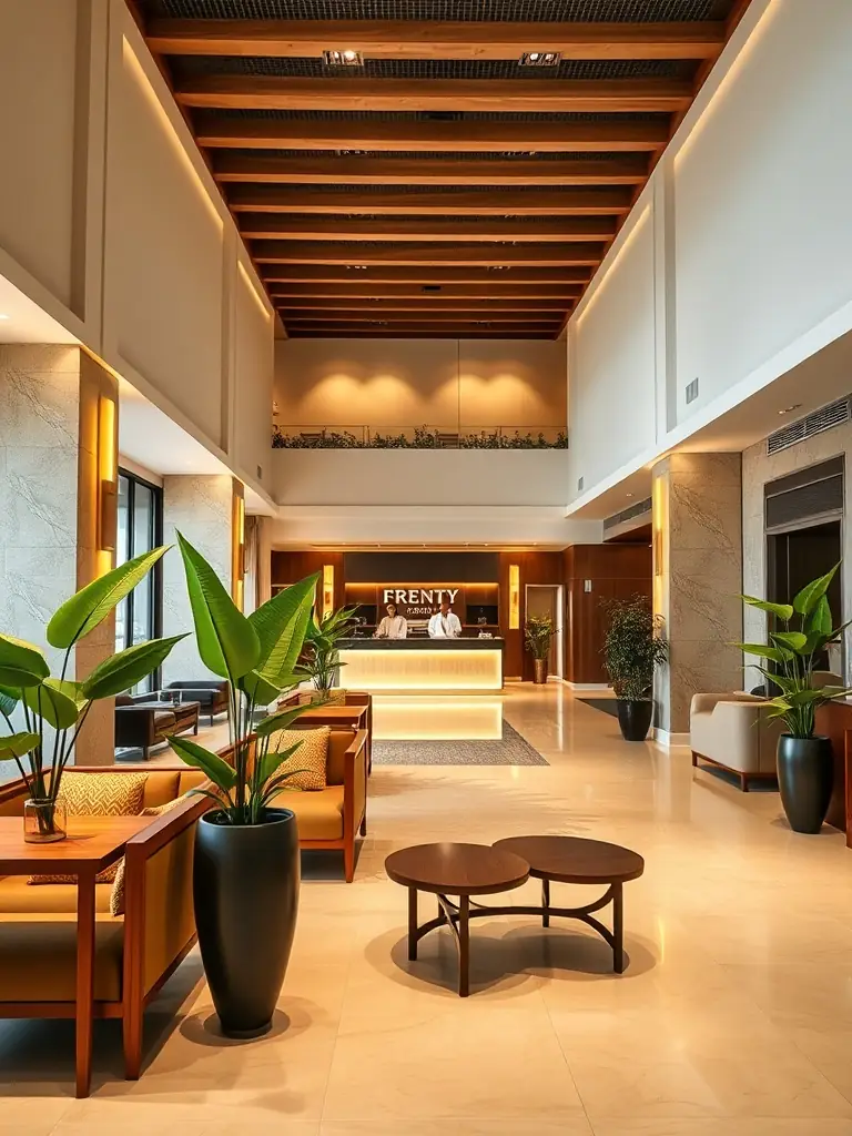 A hotel lobby with a cleaner vacuuming a plush carpet near a reception desk, fresh flowers and soft lighting creating a welcoming atmosphere for guests.