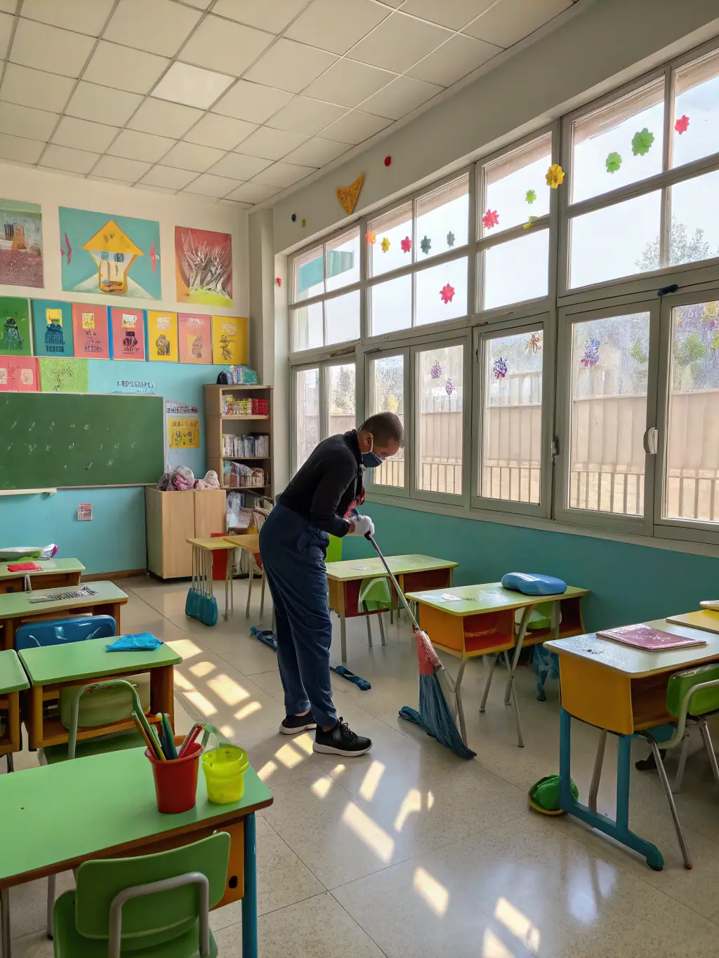 A vibrant classroom scene with child-sized desks, colorful educational posters, and a cleaner disinfecting high-touch surfaces, emphasizing safety and cleanliness in a school setting.