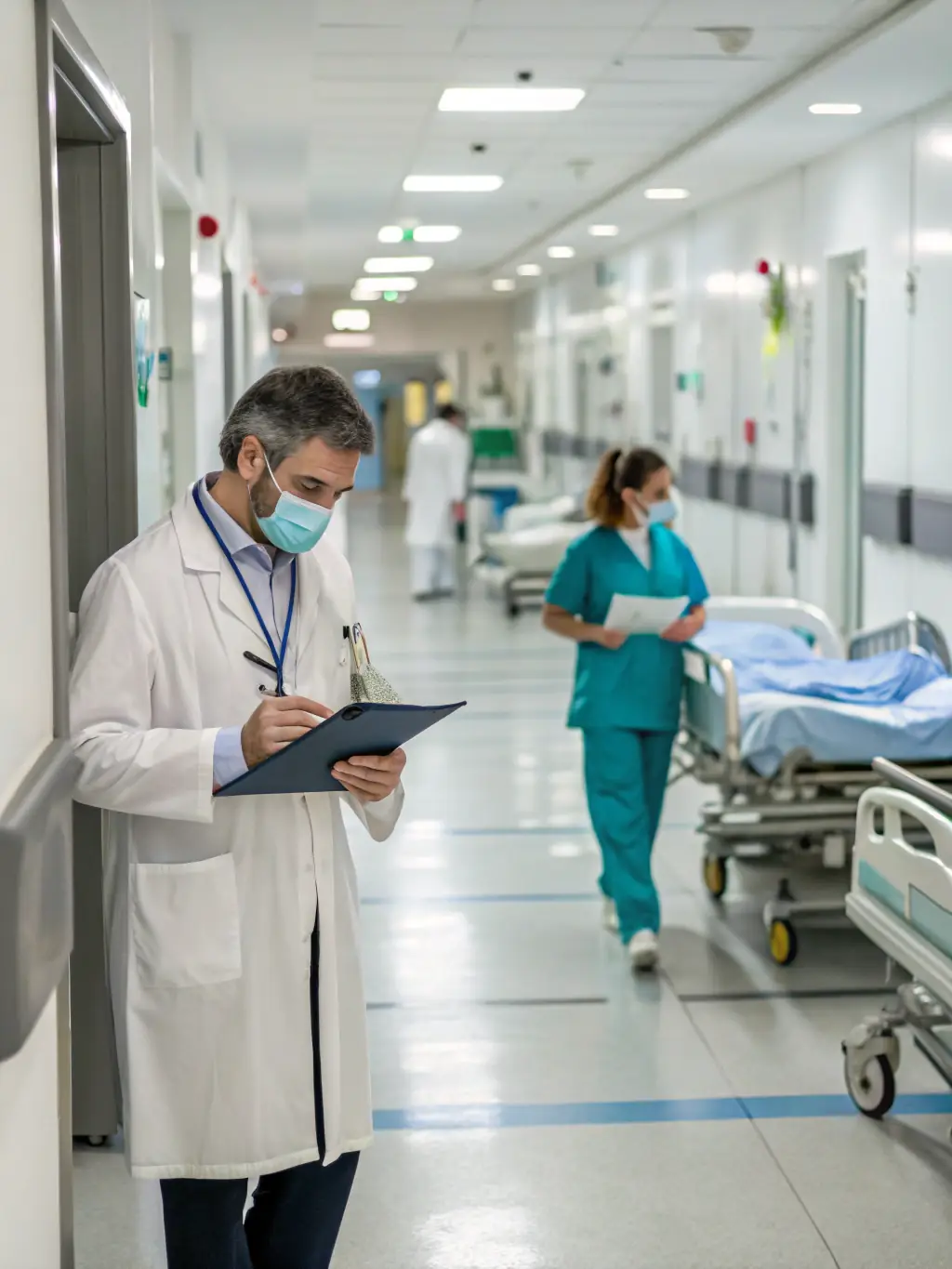 A bright, modern medical clinic interior with spotless floors, sanitized surfaces, and a professional cleaner in uniform wiping down an examination table, conveying strict hygiene standards for healthcare environments.