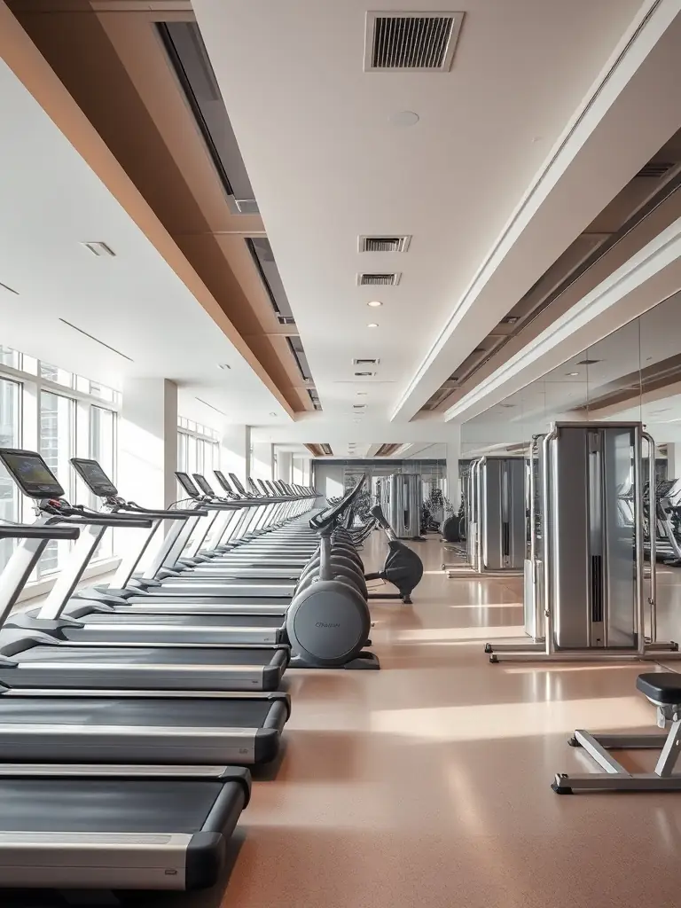 A modern gym with polished equipment, sanitized mats, and a cleaner using a spray bottle on a treadmill, highlighting the importance of hygiene in fitness environments.