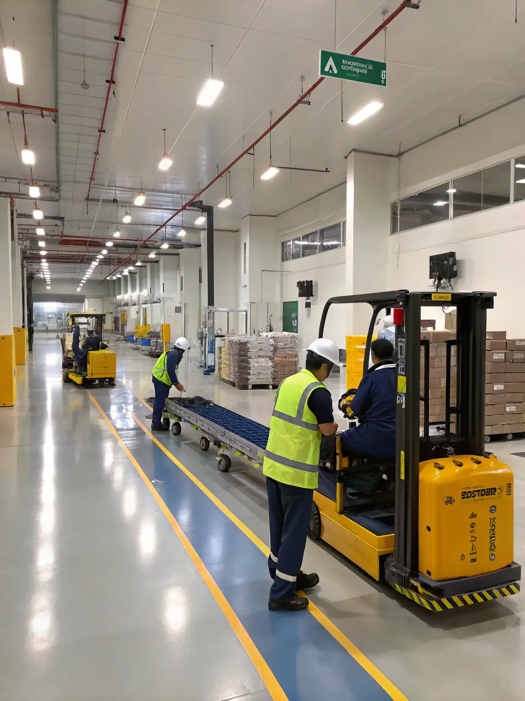 A modern warehouse or industrial facility with high ceilings, machinery, and a cleaner operating a floor scrubber, emphasizing safety and efficiency. This image will represent industrial cleaning services.